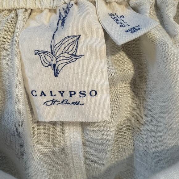 Calypso St. Barth White Linen Pants Blue Palm Tree Print Coastal Resort Wear - Picture 7 of 9